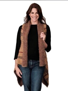 One size fits all plaid open knit poncho cardigan, brown, black, red
